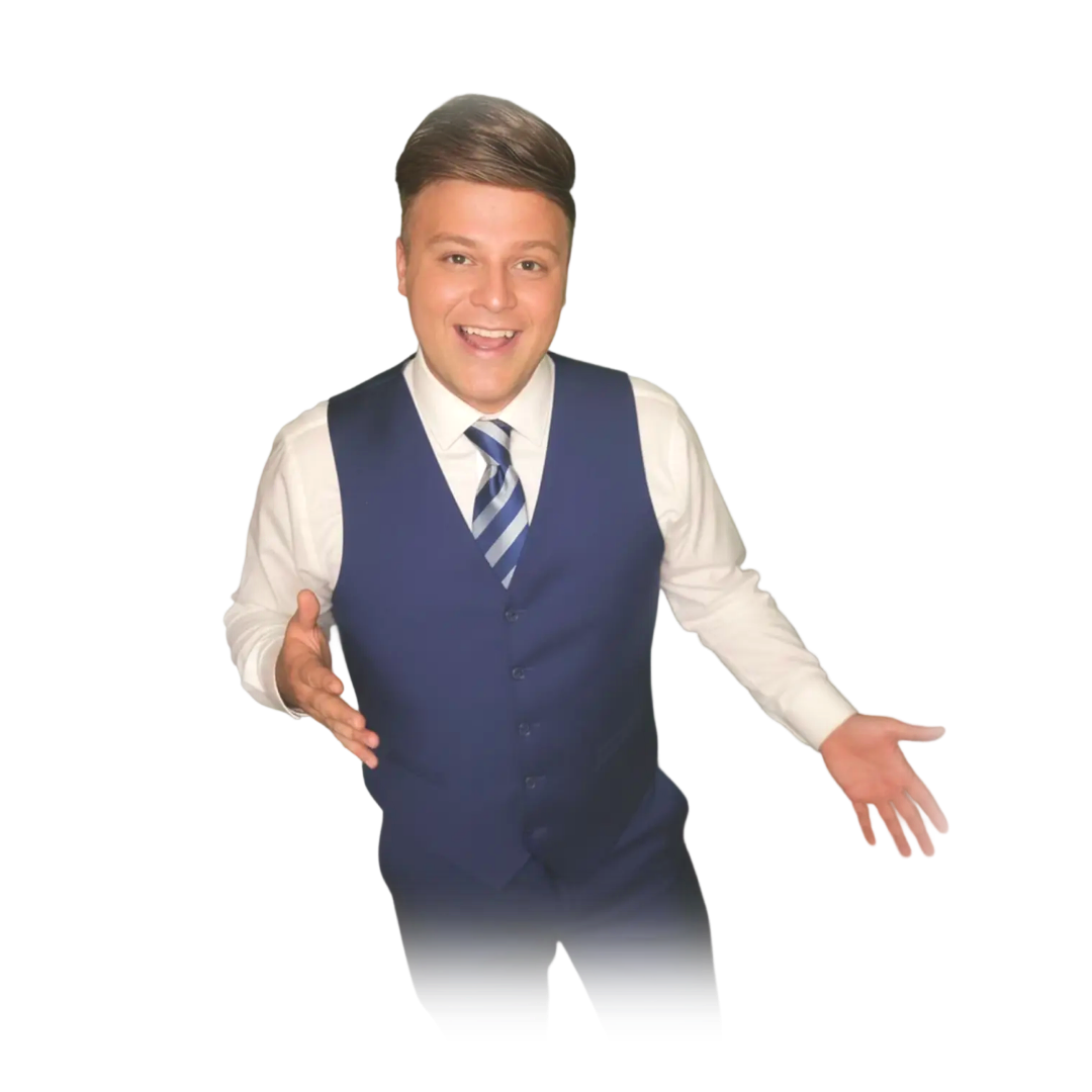Comedy magician Jonathon LaChance in a blue vest and tie